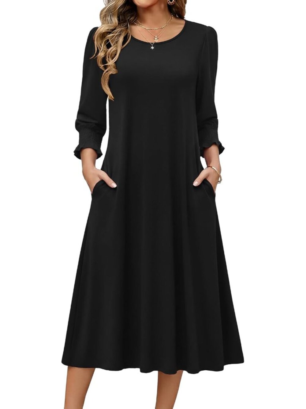 2026 Women's Floral Midi Dress - Casual 3/4 Sleeve with Pockets